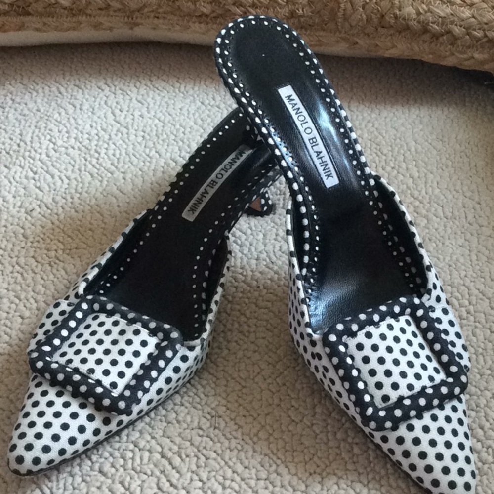 Manolo Blahnik Black and White Polka Dot Loafers